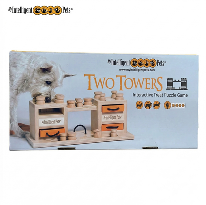Interactive Wooden Dog Puzzle Toy – Two Towers Multi-Level Treat Game (Advanced Enrichment)