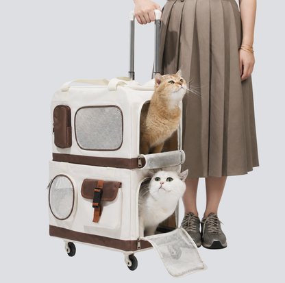 Double-Decker Trolley Pet Carrier Bag with Storage Pockets