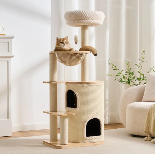 Natural wood Cat Tree with Acrylic Bowl and Double Condo – 134 cm