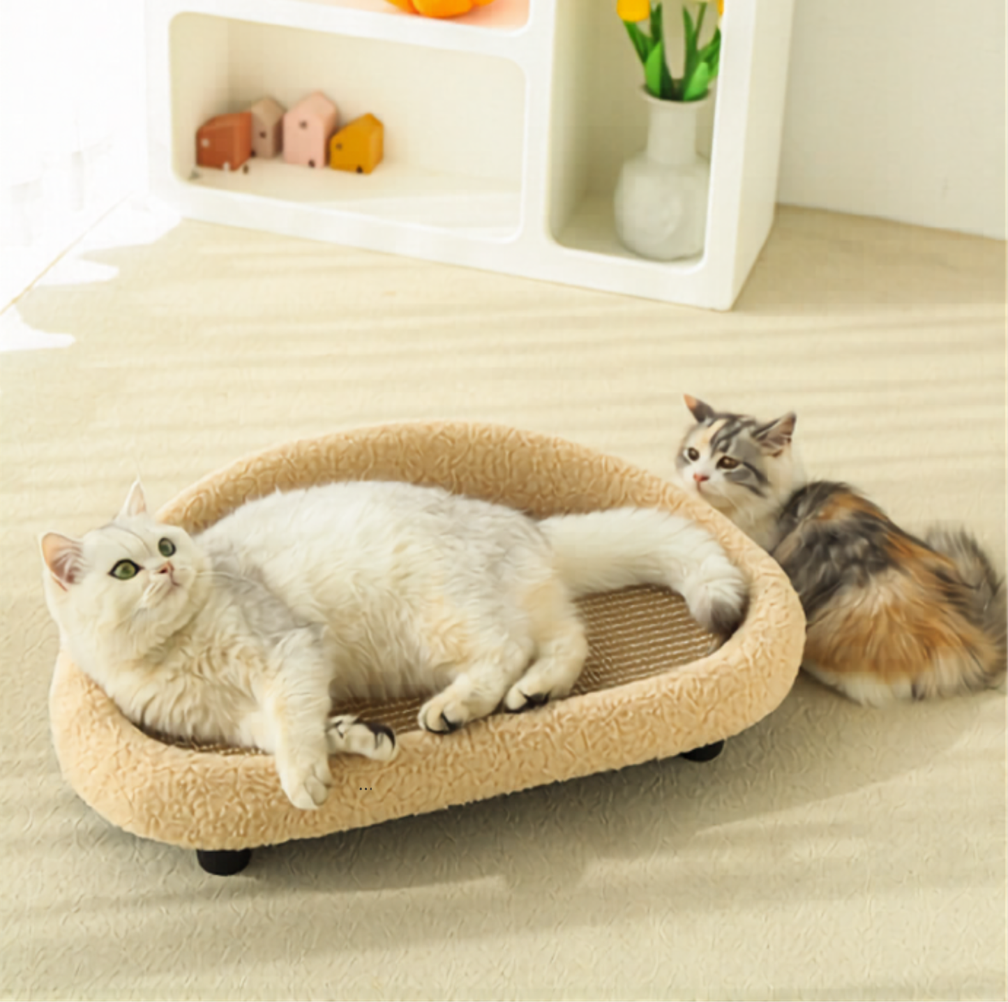 Cream Sofa Cat Bed with Sisal Scratcher Mat for Cats
