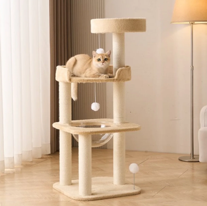 Khaki Plush Four-Level Cat Tree with Acrylic Bowl