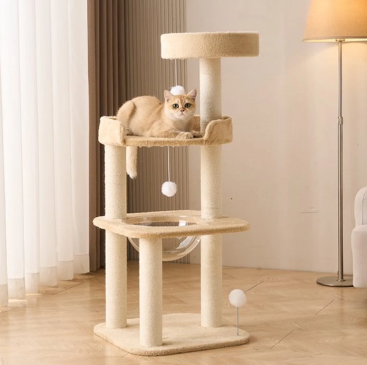 Khaki Plush Four-Level Cat Tree with Acrylic Bowl