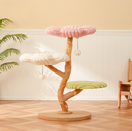 Cmisstree Flower-Inspired Wooden Cat Climbing Tree - Natural Fruitwood Comfort