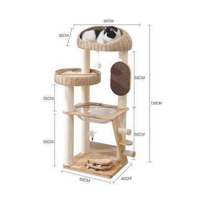 130cm Solid Oak Wood Cat Tree with Handwoven Rattan Canopy - WHH003