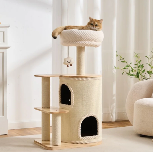 Natural Wood Cat Tree with Top Lookout and Double-Level Condo - 104cm