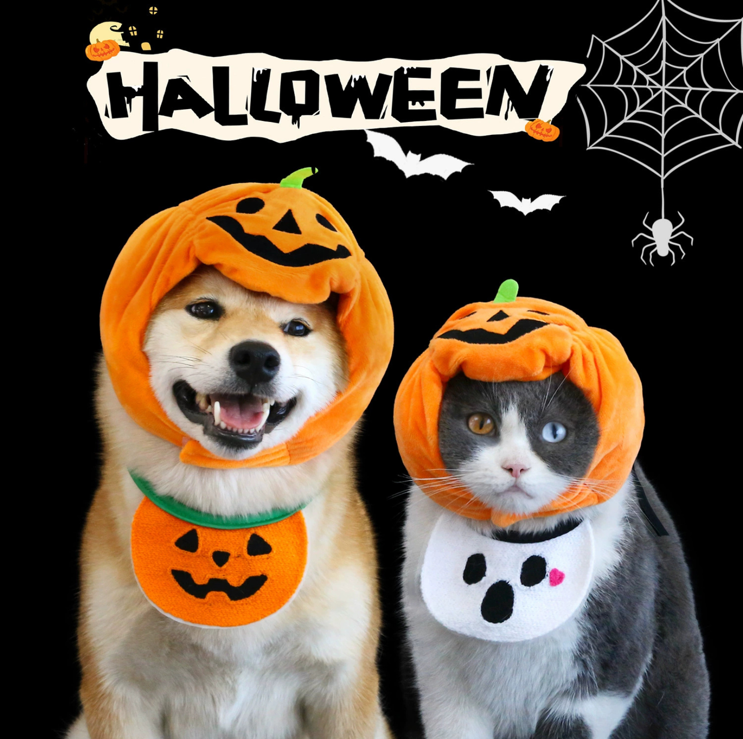 Halloween Pumpkin Hat & Ghost Bib Set for Cats and Dogs