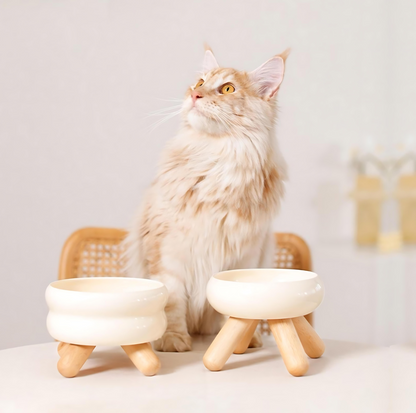 Meoof Gulu Ceramic Pet Food/Water Cat Bowls Small Dog Bowls with Wooden Stand