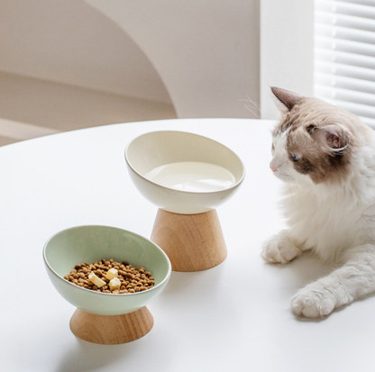 Elevated Round Ceramic Pet Bowl with Oak Base