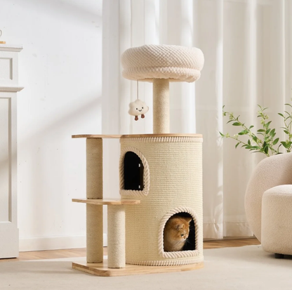 Natural Wood Cat Tree with Top Lookout and Double-Level Condo - 104cm