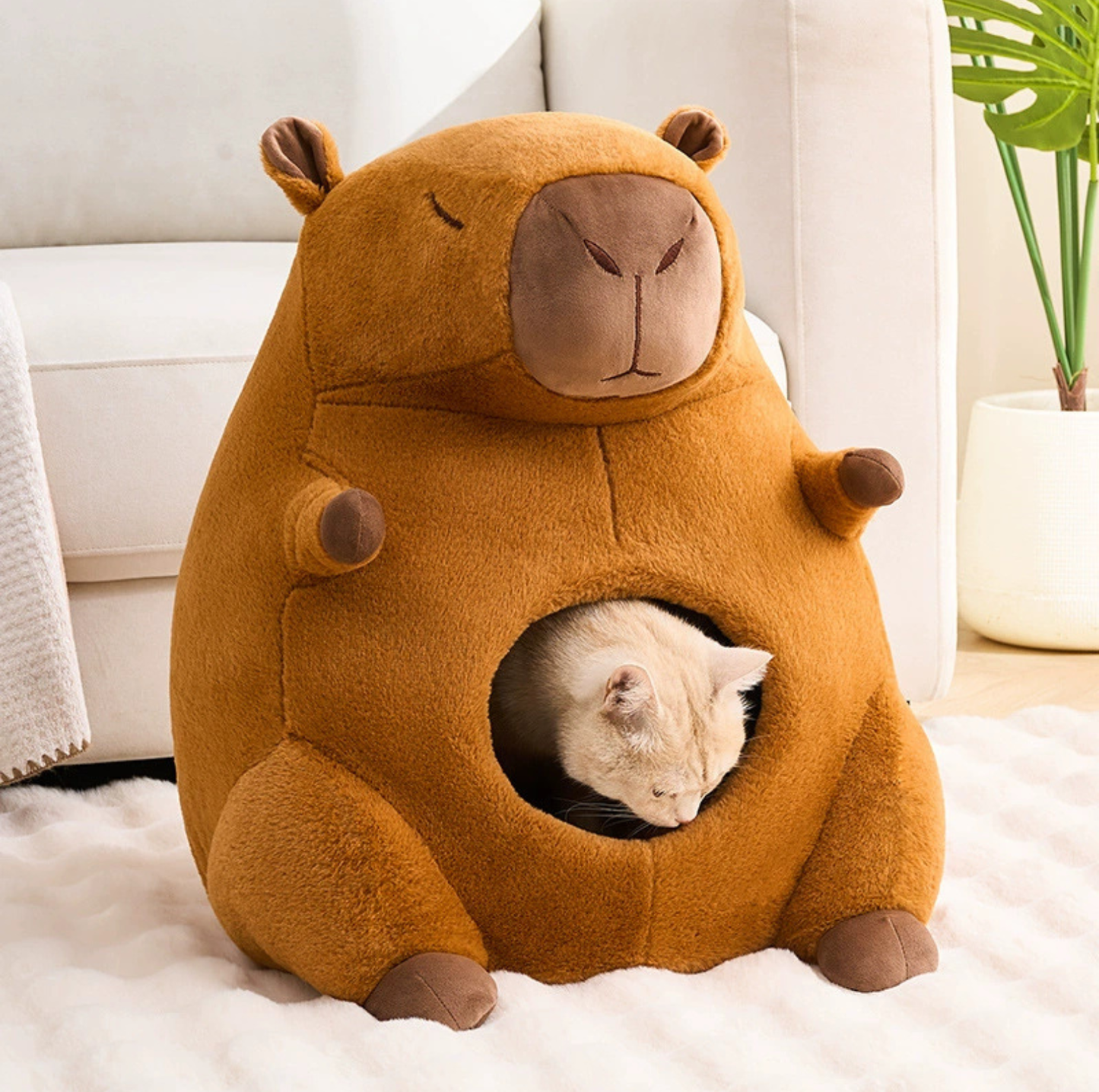 Cartoon Plush Cat Cave – Capybara & Avocado-Inspired Soft Pet Bed Hideaway