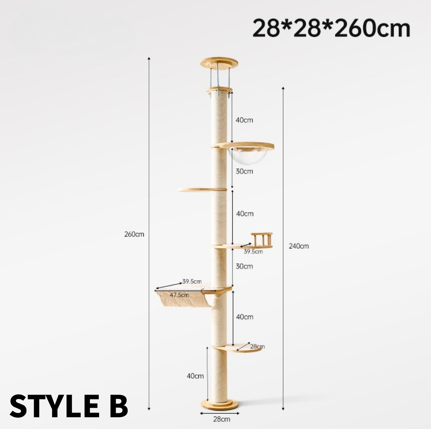 Solid Wood Adjustable Ceiling-Mounted Cat Tower - Style B