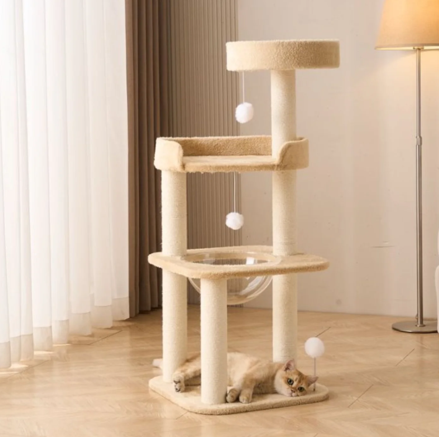 Khaki Plush Four-Level Cat Tree with Acrylic Bowl