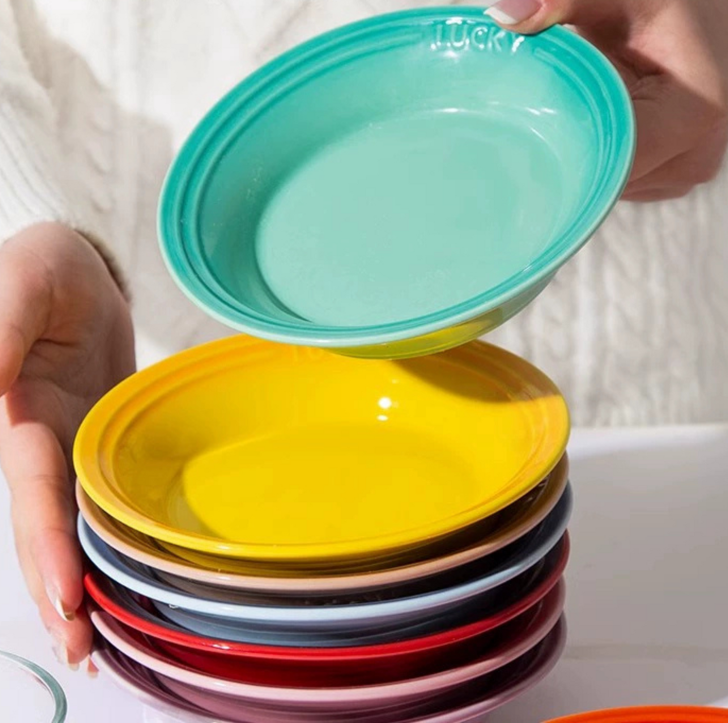 Lucky 6-Inch Flat Ceramic Pet Bowl – Multicolour Glazed Plate for Cats & Small Dogs