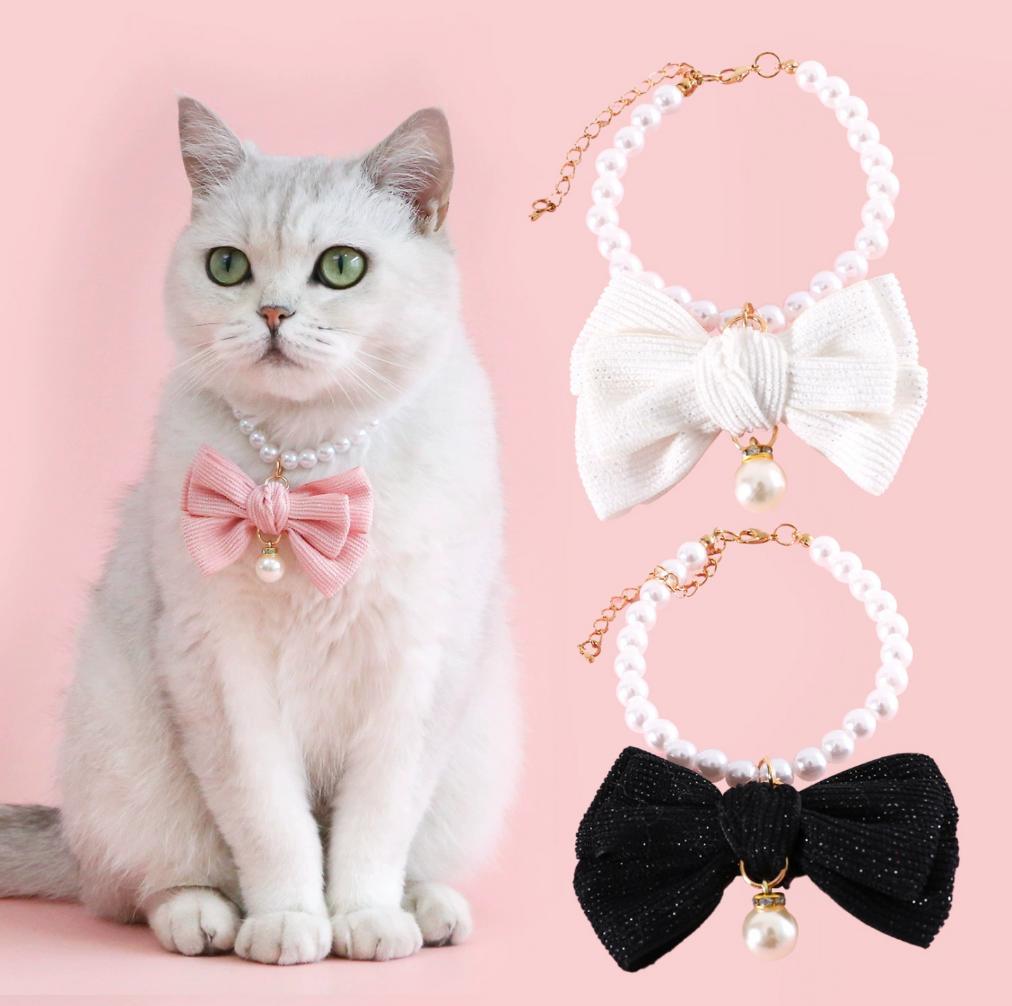 Pearl Bowknot Pet Necklace – For Cats & Small Dogs