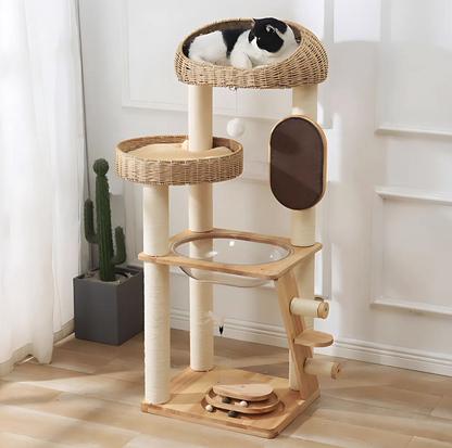 130cm Solid Oak Wood Cat Tree with Handwoven Rattan Canopy - WHH003
