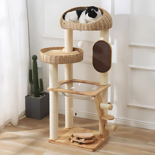130cm Solid Oak Wood Cat Tree with Handwoven Rattan Canopy - WHH003