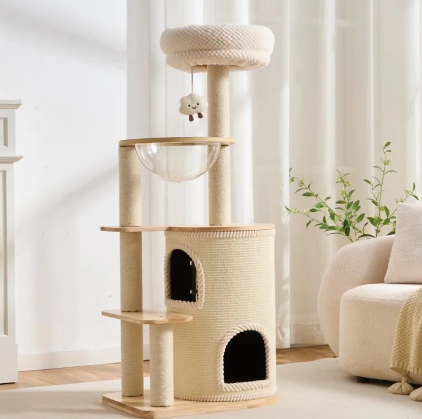 Natural wood Cat Tree with Acrylic Bowl and Double Condo – 134 cm