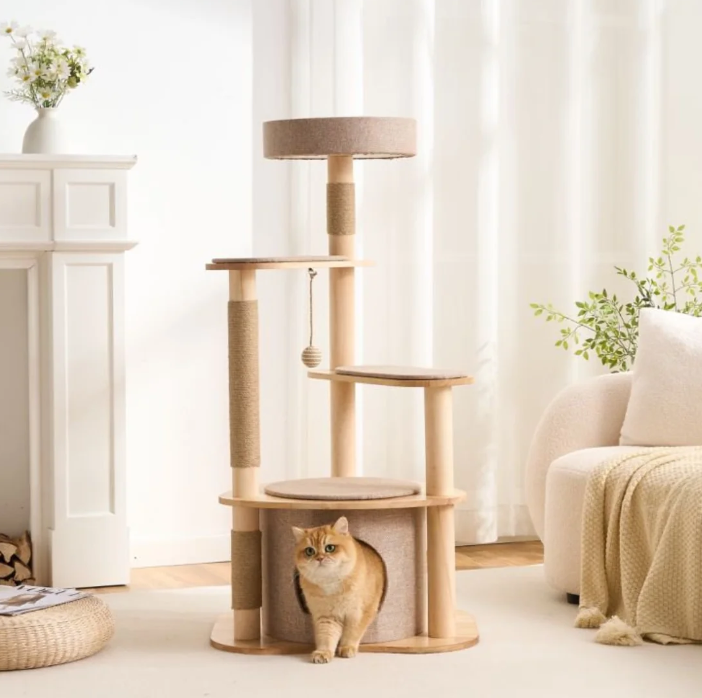Four-Level Solid Wood Cat Tree with Fabric Cover and Sisal Posts