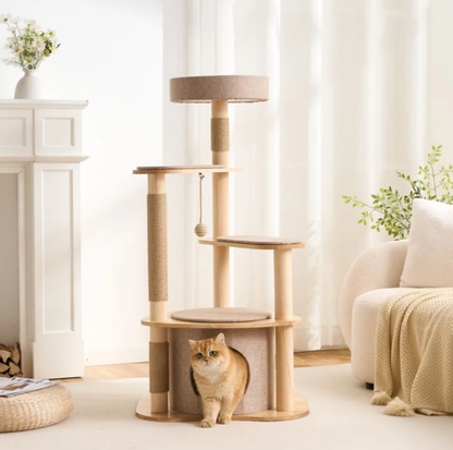 Four-Level Solid Wood Cat Tree with Fabric Cover and Sisal Posts