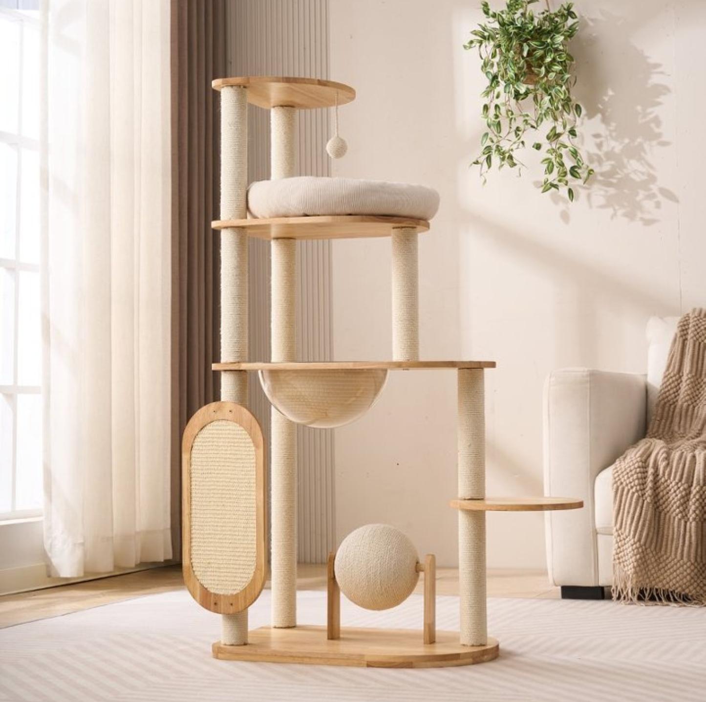 Wooden Cat Tree with Vertical Sisal Scratching Board & Play Features