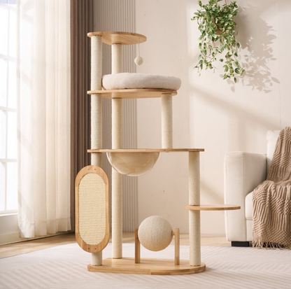 Wooden Cat Tree with Vertical Sisal Scratching Board & Play Features