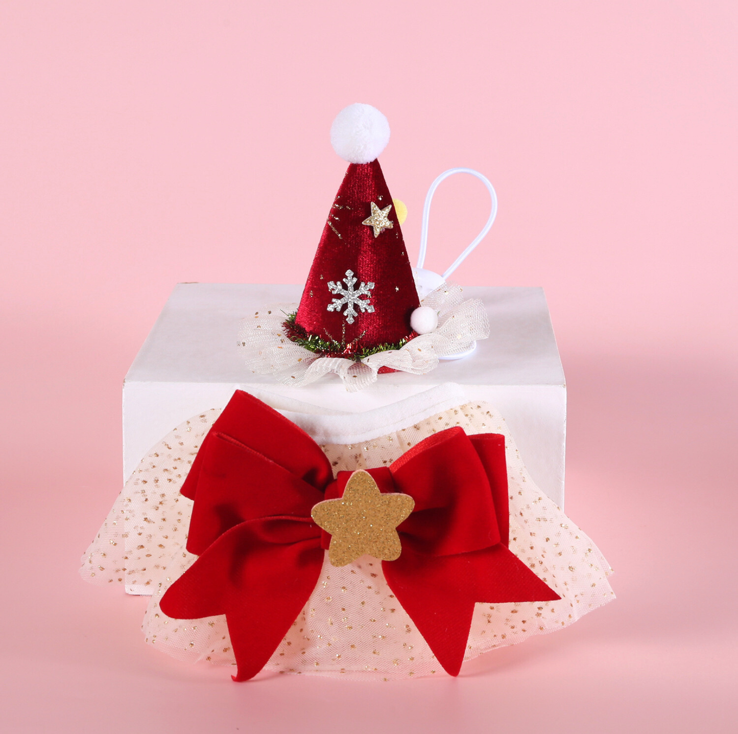 Christmas Velvet Princess Hat & Gold-Rimmed Organza Collar Set