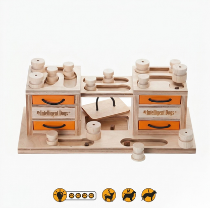 Interactive Wooden Dog Puzzle Toy – Two Towers Multi-Level Treat Game (Advanced Enrichment)