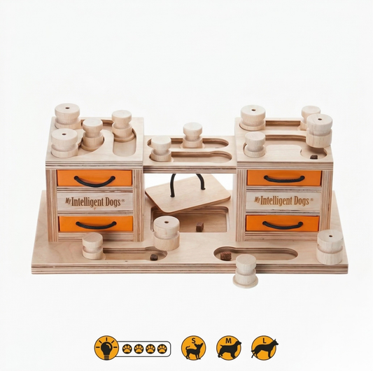 Interactive Wooden Dog Puzzle Toy – Two Towers Multi-Level Treat Game (Advanced Enrichment)