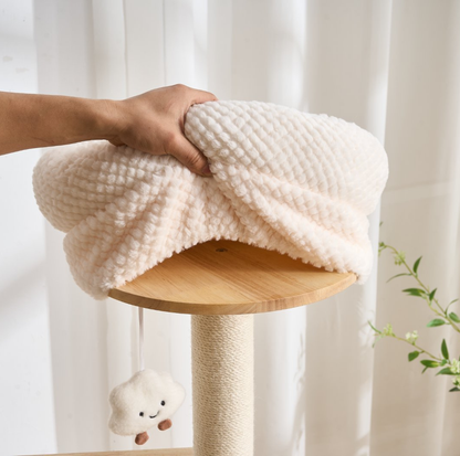 Natural wood Cat Tree with Acrylic Bowl and Double Condo – 134 cm
