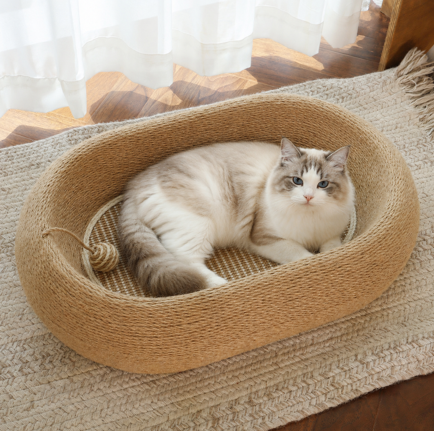 Deep Oval Sisal Cat Scratcher Bed with Hanging Ball