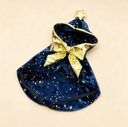 Starry Velvet Hooded Pet Cape with Gold Bow