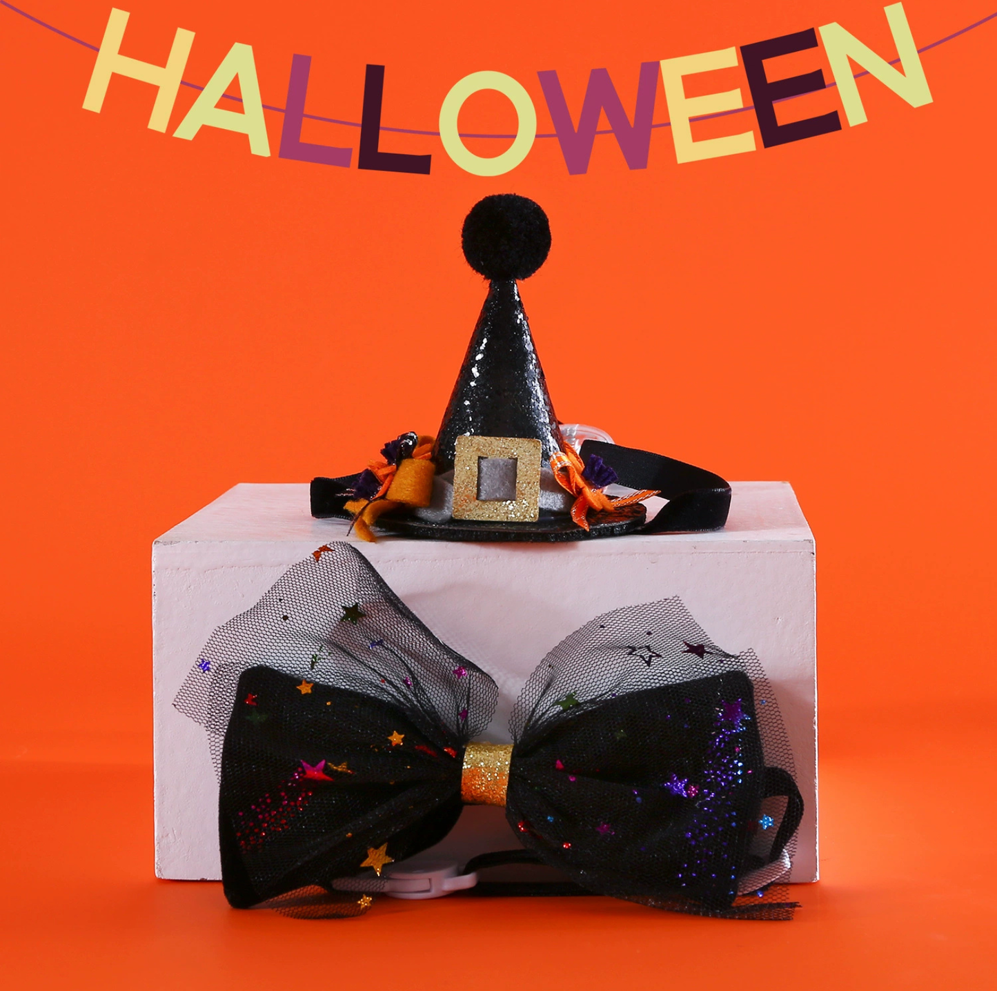 Halloween Witch Hat & Velvet Bow Tie Set for Cats and Small Dogs