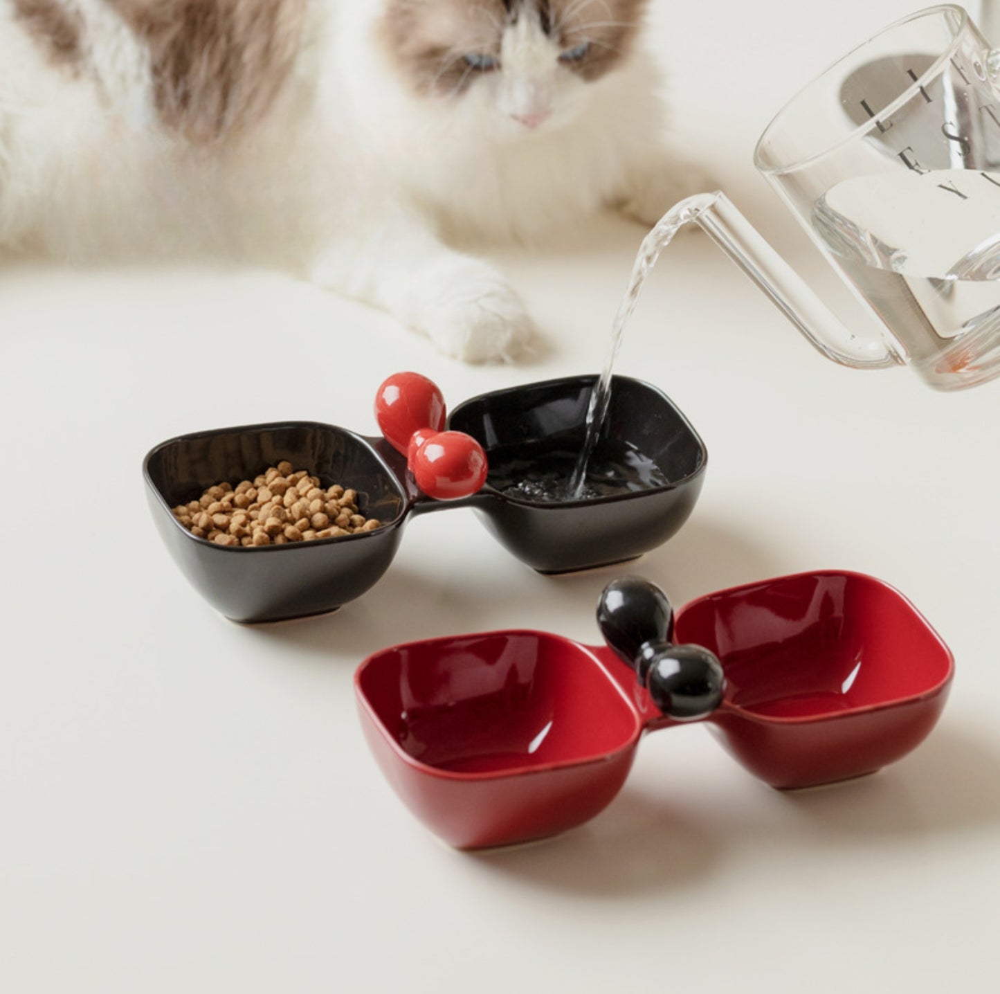 Ceramic Double Pet Bowl with Bow Design
