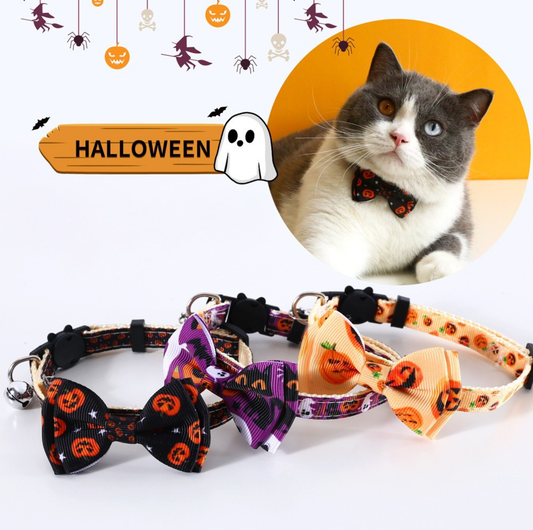 Halloween Bow Tie Cat & Dog Collar – Pumpkin Print with Bell (Adjustable Breakaway Design)