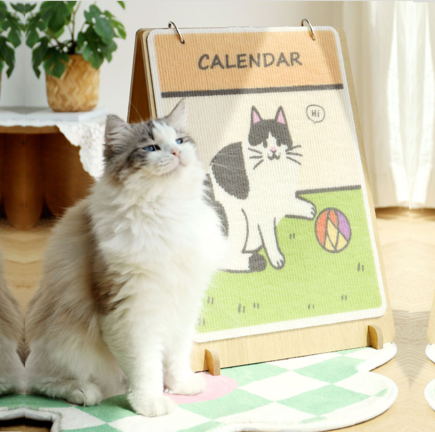 Playful Tuxedo Cat Calendar-Style Scratcher Board