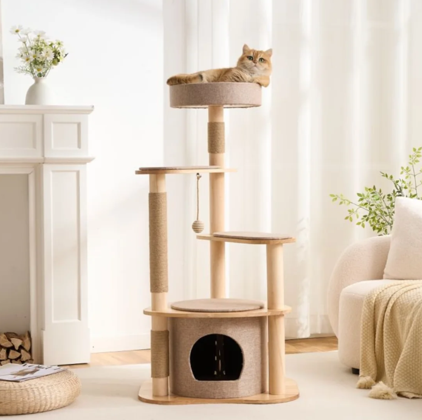 Four-Level Solid Wood Cat Tree with Fabric Cover and Sisal Posts