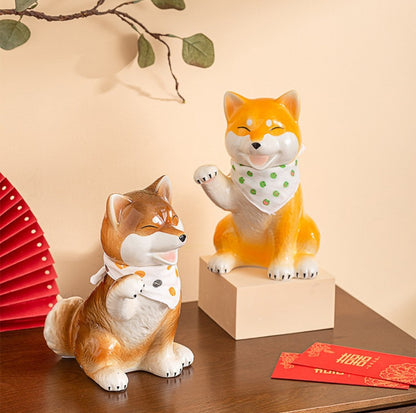 Shiba Dog-Inspired Ceramic Home Decor Ornament- With Randomly Selected Bib Accessory