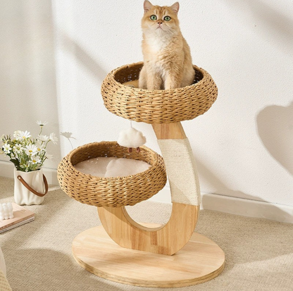 Rattan Nest Solid Wood Double-Level Cat Tree