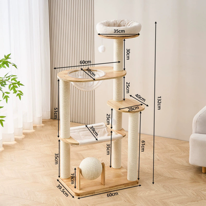 5-Tier Wooden Cat Tree with Scratching Posts & Play Features