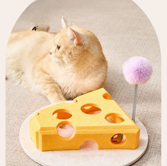 Cheese Slice Cat Toy with Spring Pom-Pom & Rolling Balls