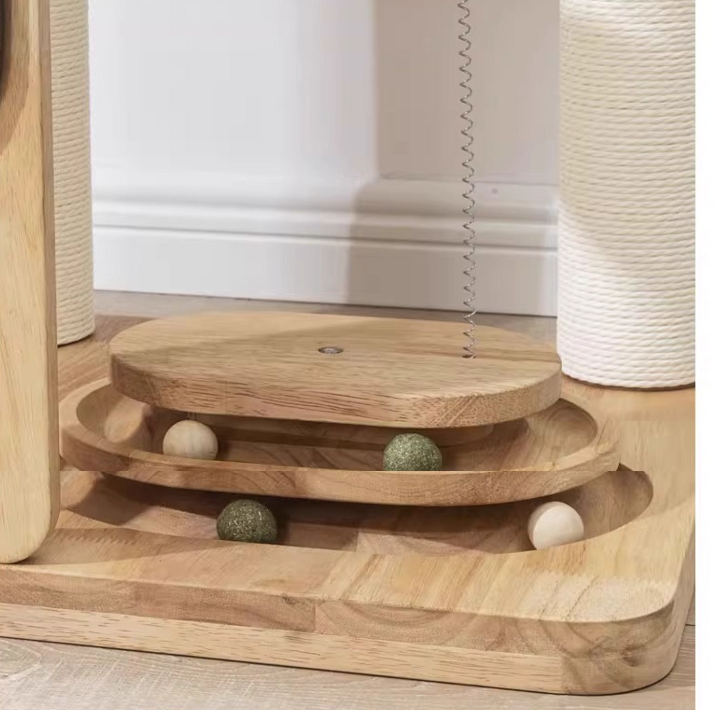 130cm Solid Oak Wood Cat Tree with Handwoven Rattan Canopy - WHH003