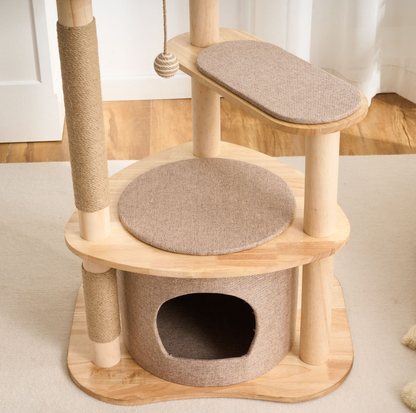 Four-Level Solid Wood Cat Tree with Fabric Cover and Sisal Posts