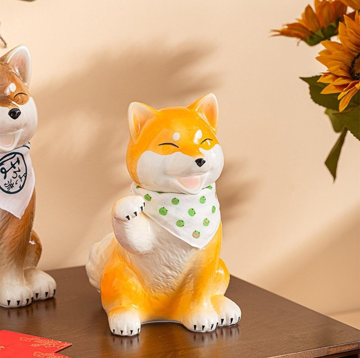 Shiba Dog-Inspired Ceramic Home Decor Ornament- With Randomly Selected Bib Accessory