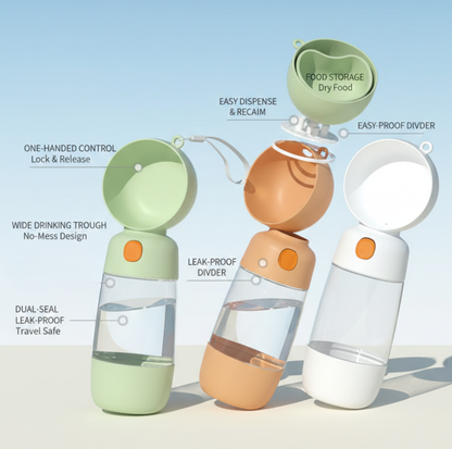 On-the-Go Portable Pet Water Bottle with Food Storage for Dogs & Cats