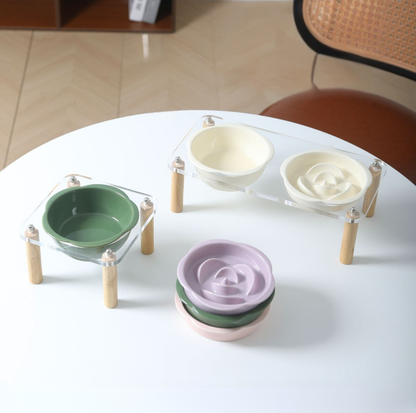 Ceramic Slow Feeder Bowl / Water Bowl with Optional Acrylic Stand