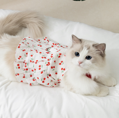 Cherry Suspender Pet Dress with D-Ring for Cats & Small Dogs