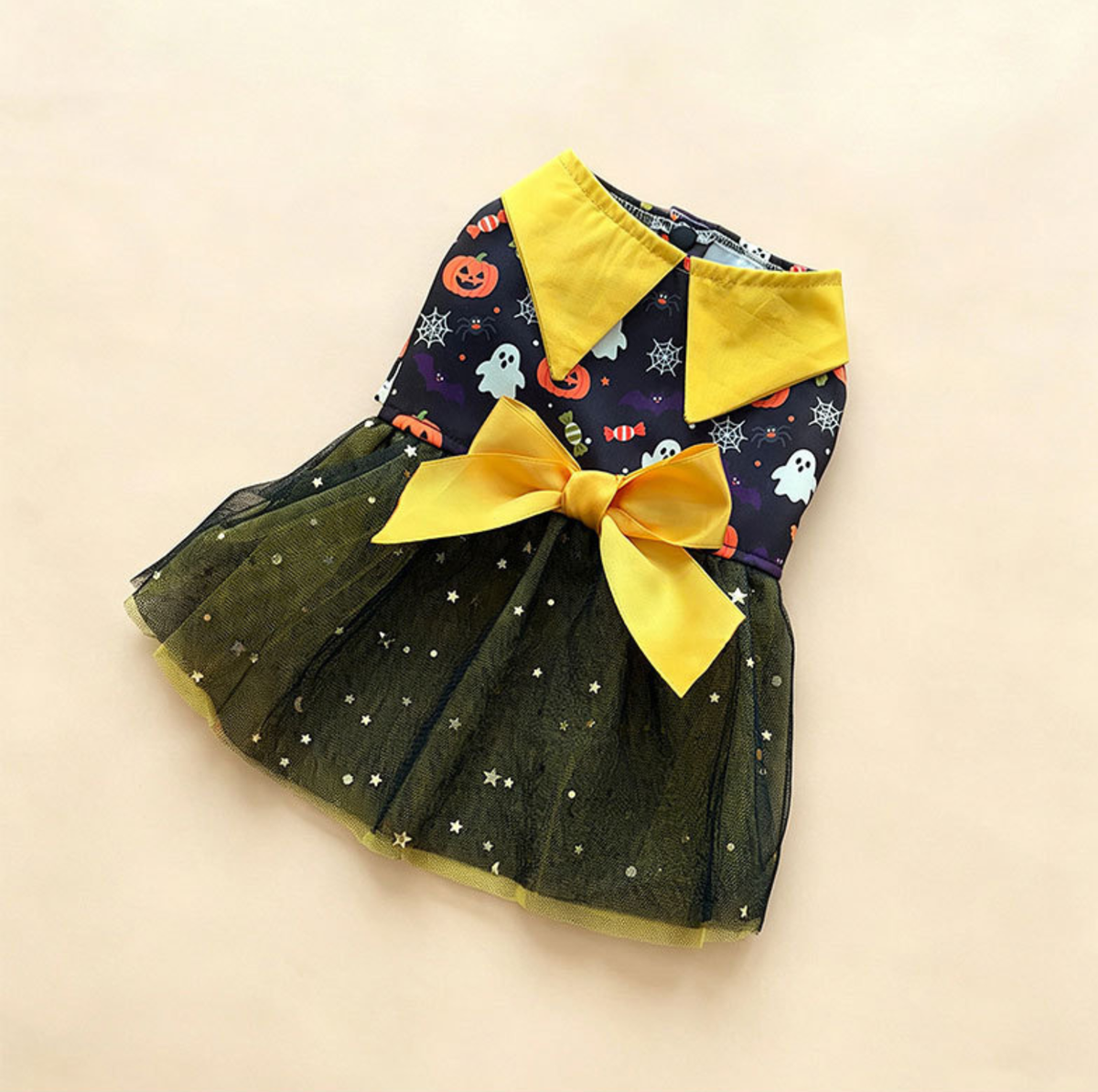 Halloween Pumpkin Print Tulle Pet Dress with Bow