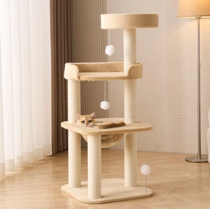 Khaki Plush Four-Level Cat Tree with Acrylic Bowl