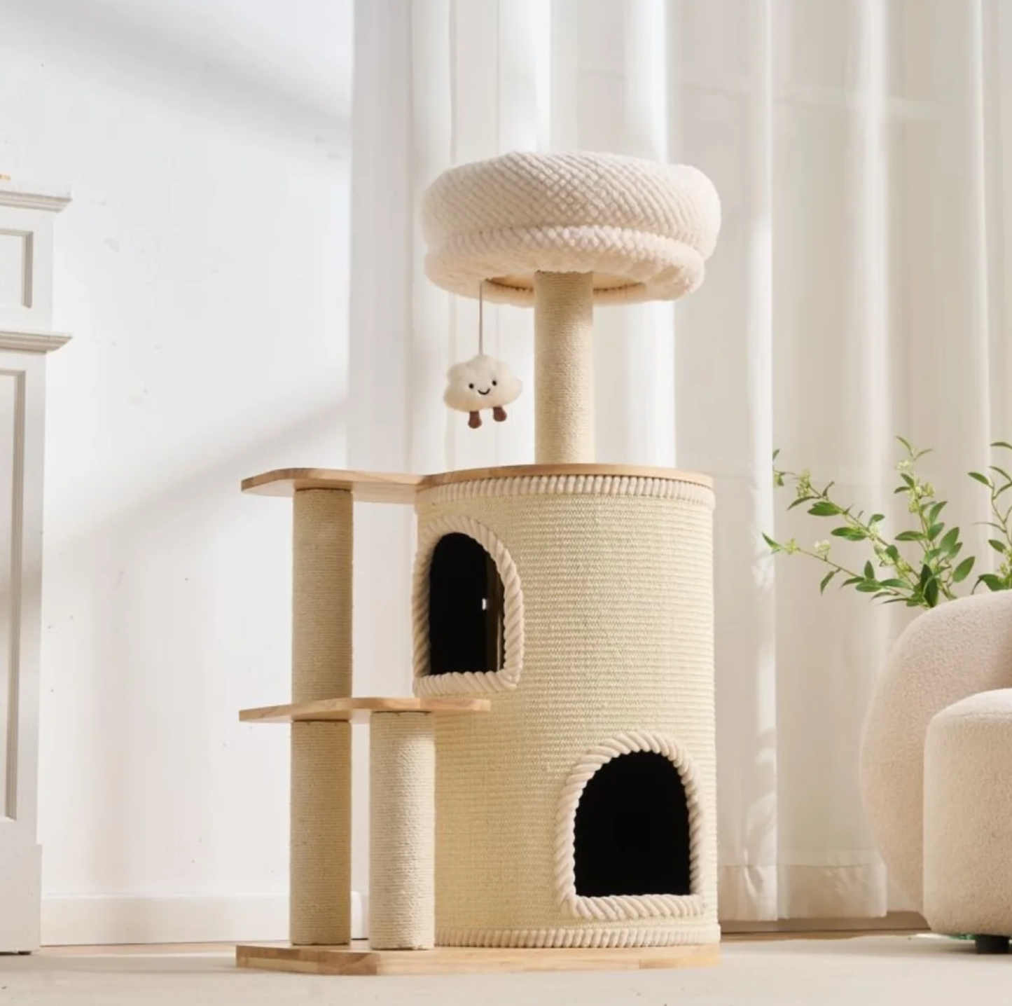 Natural Wood Cat Tree with Top Lookout and Double-Level Condo - 104cm