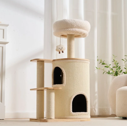 Natural Wood Cat Tree with Top Lookout and Double-Level Condo - 104cm